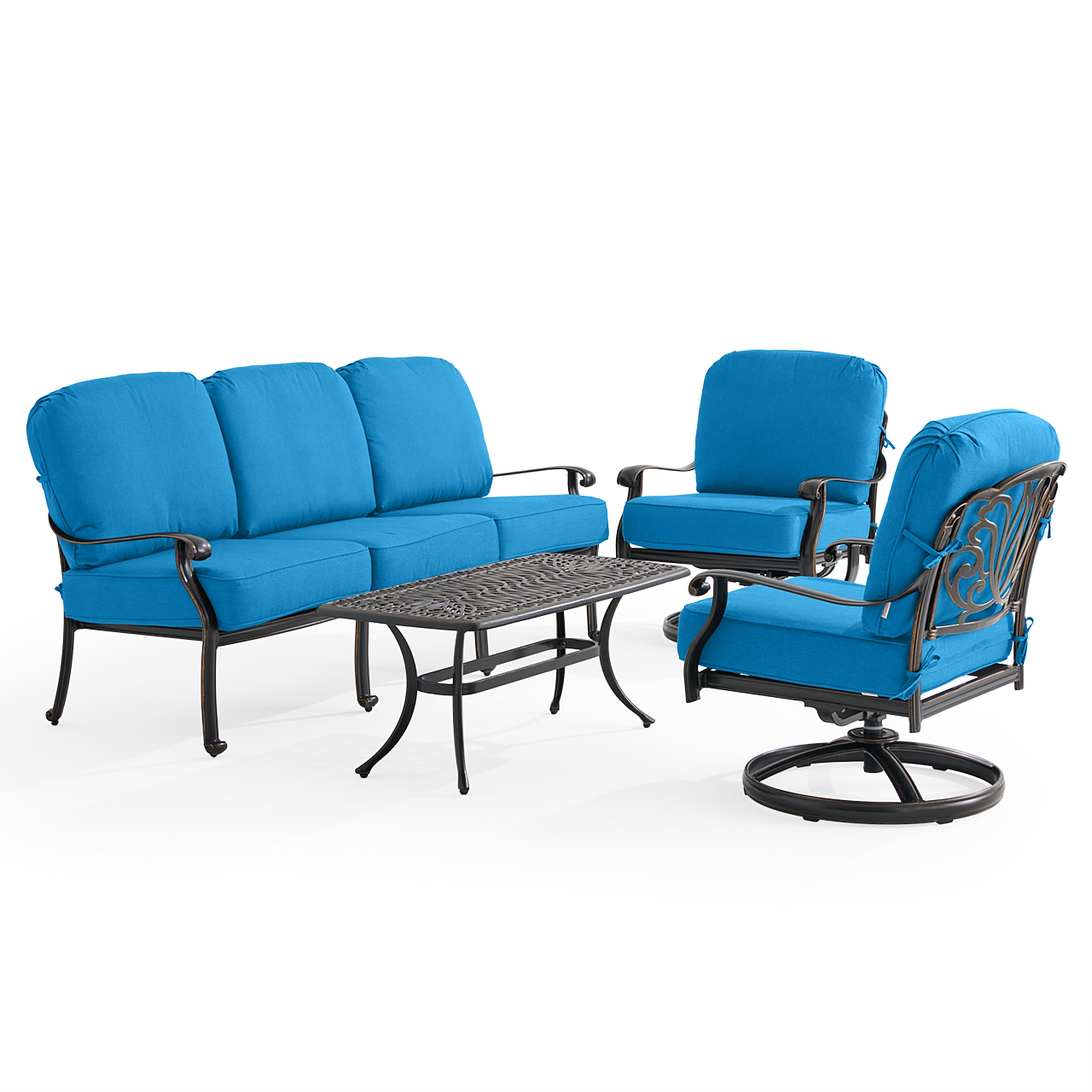 Roma Black Gold Cast Aluminum with Cushions 4 Piece Swivel Sofa Group + 42 x 21 in. Coffee Table (Canvas Regatta)