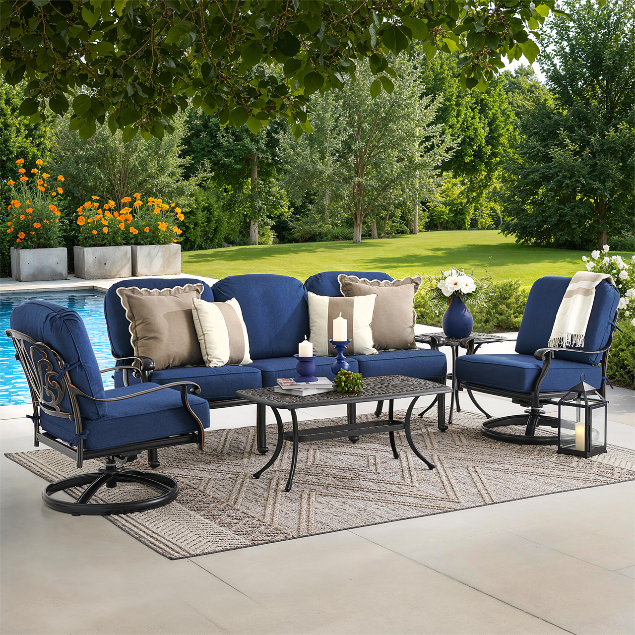 Roma Black Gold Cast Aluminum with Cushions 4 Piece Swivel Sofa Group + 42 x 21 in. Coffee Table (Spectrum Indigo)