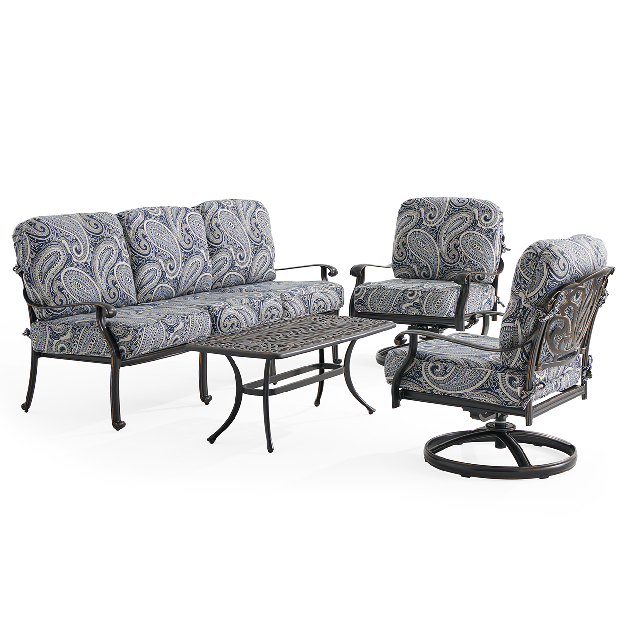 Roma Black Gold Cast Aluminum with Cushions 4 Piece Swivel Sofa Group + 42 x 21 in. Coffee Table (Royce Indigo)