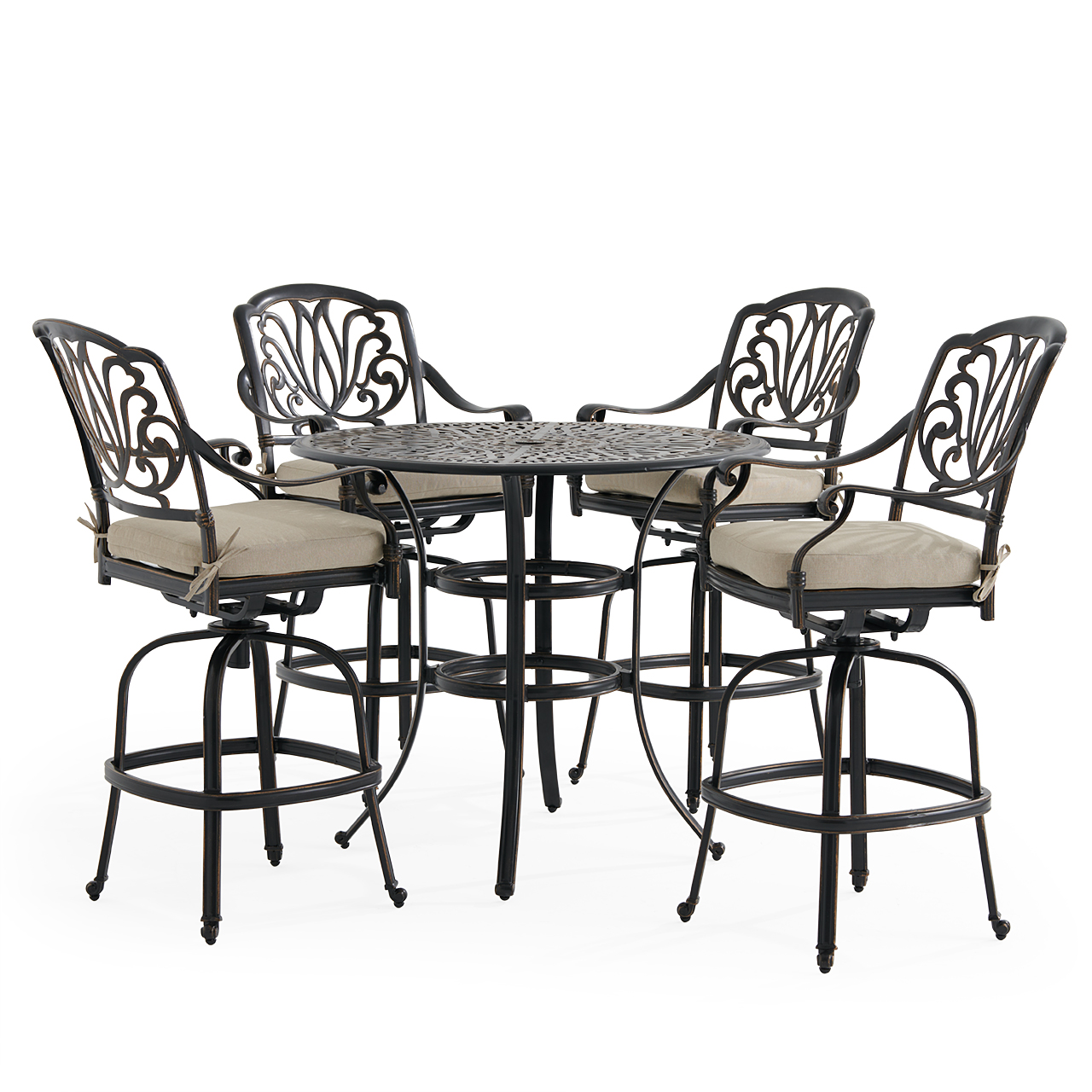 Roma Black Gold Cast Aluminum with Cushions 5 Piece Bar Set + 42 in. D Table (Tempo Beige)
