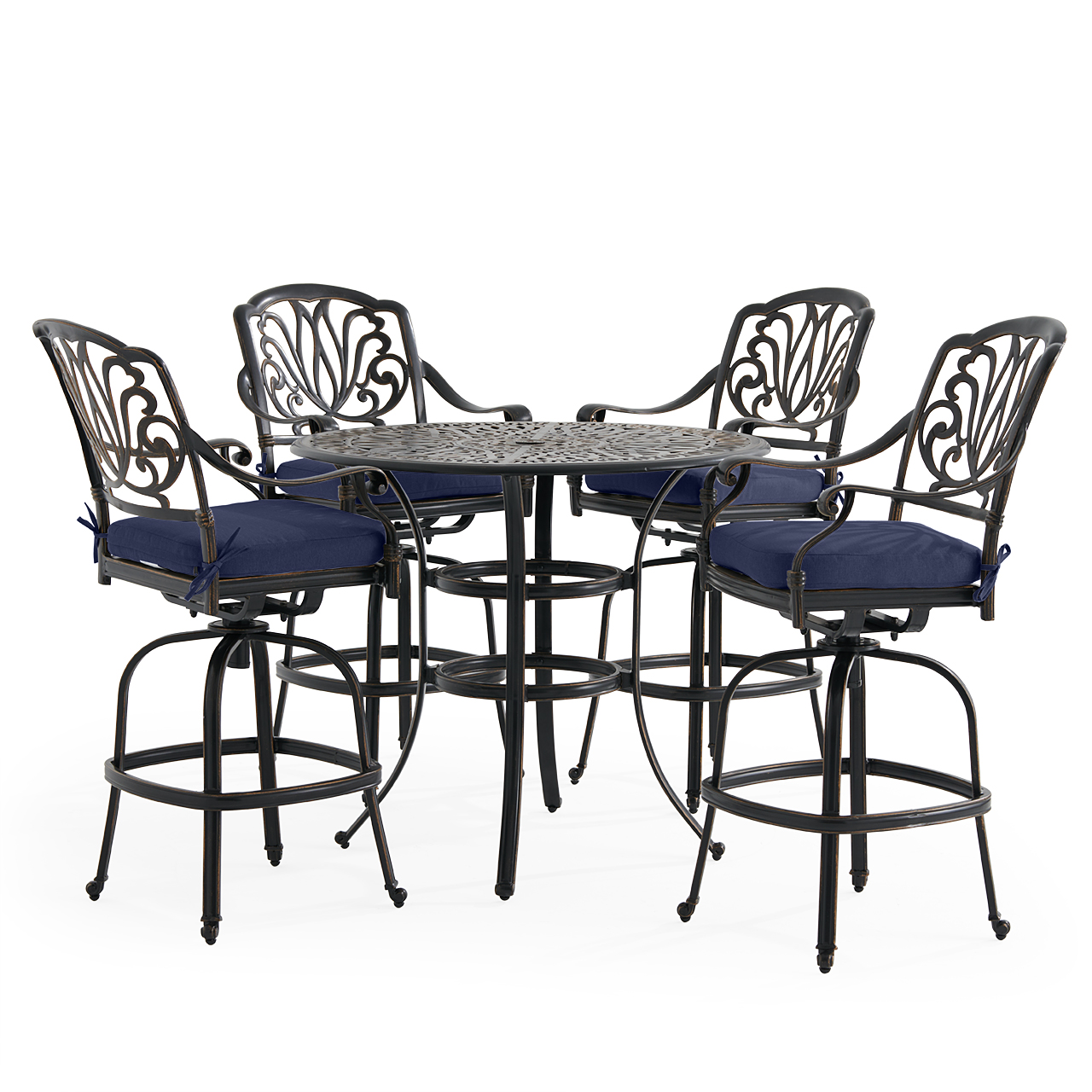Roma Black Gold Cast Aluminum with Cushions 5 Piece Bar Set + 42 in. D Table (Tempo Navy)