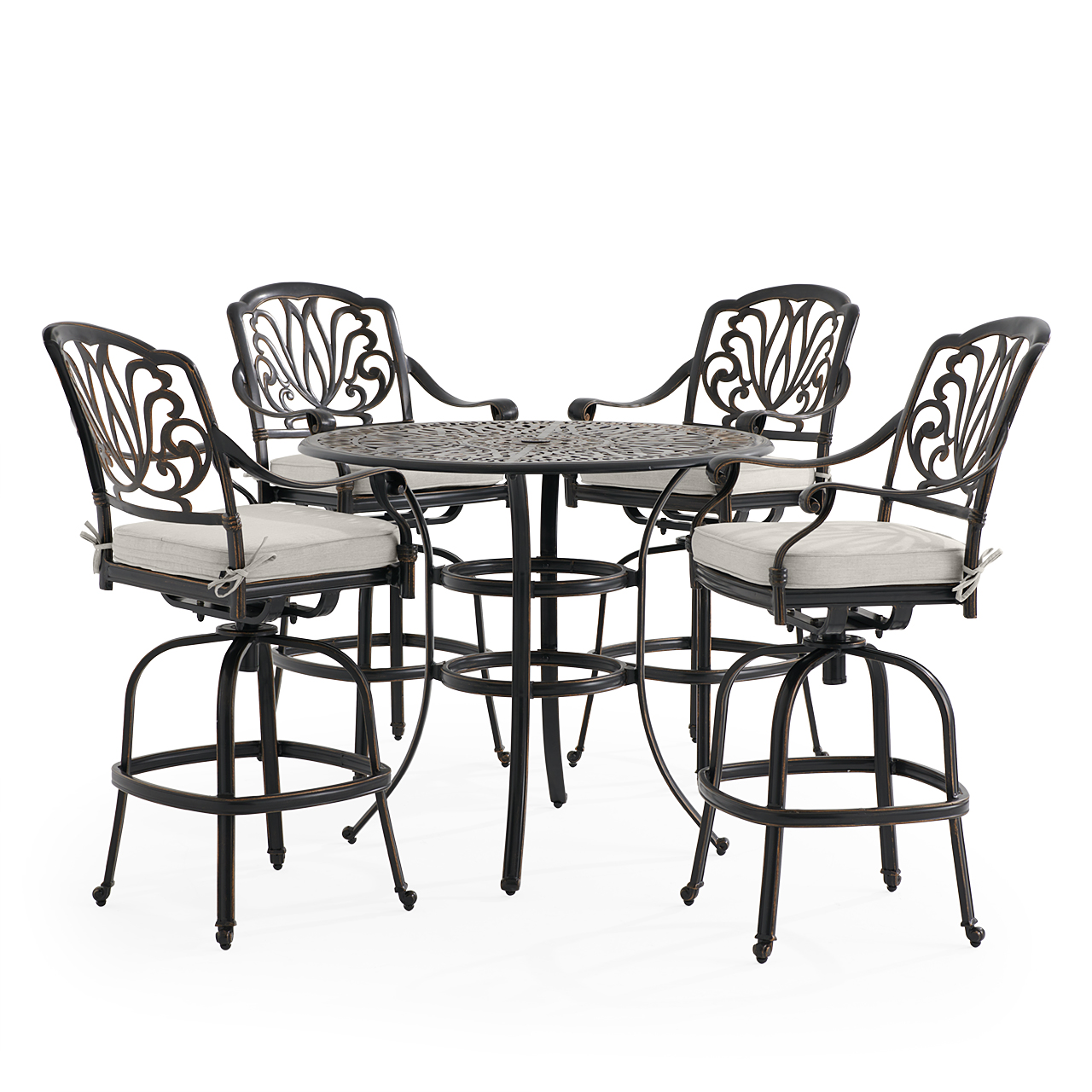 Roma Black Gold Cast Aluminum with Cushions 5 Piece Bar Set + 42 in. D Table (Mist)