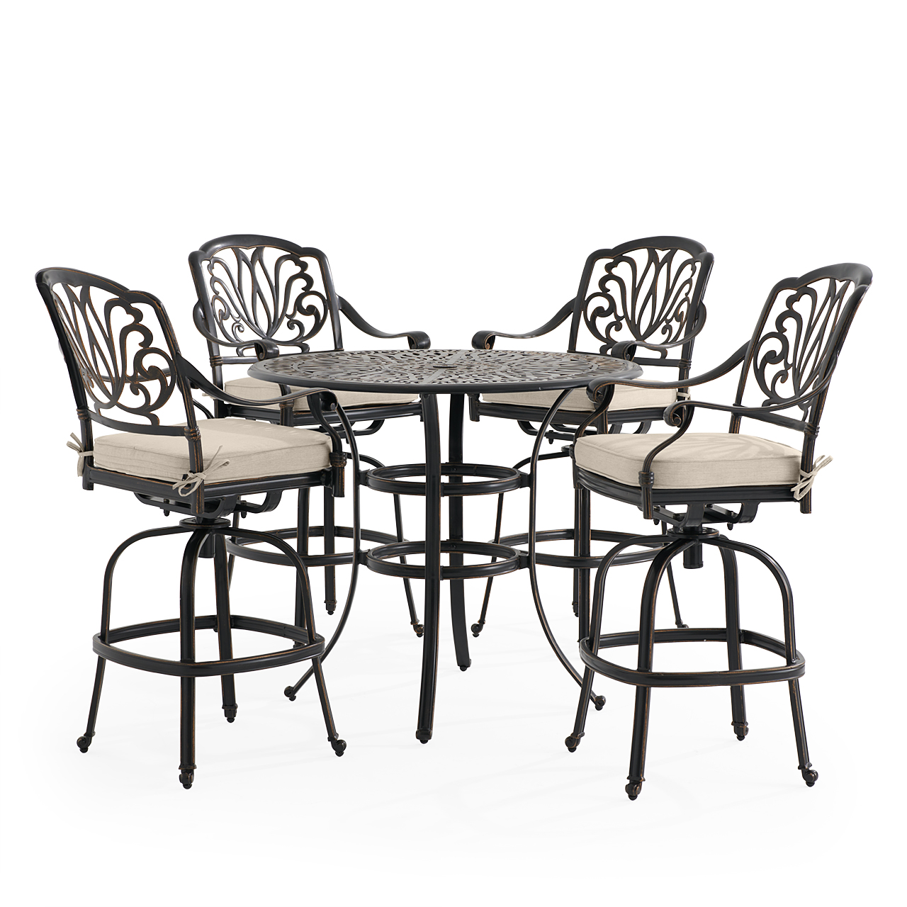 Roma Black Gold Cast Aluminum with Cushions 5 Piece Bar Set + 42 in. D Table (Melange Ash)