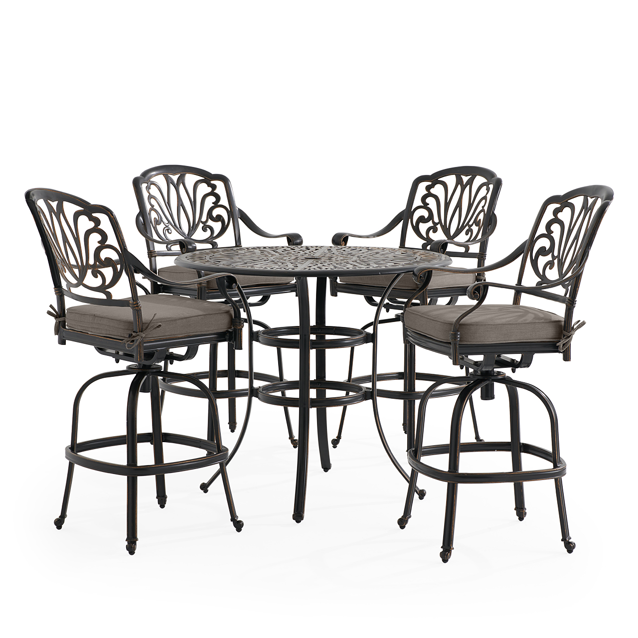 Roma Black Gold Cast Aluminum with Cushions 5 Piece Bar Set + 42 in. D Table (Linen Graphite)