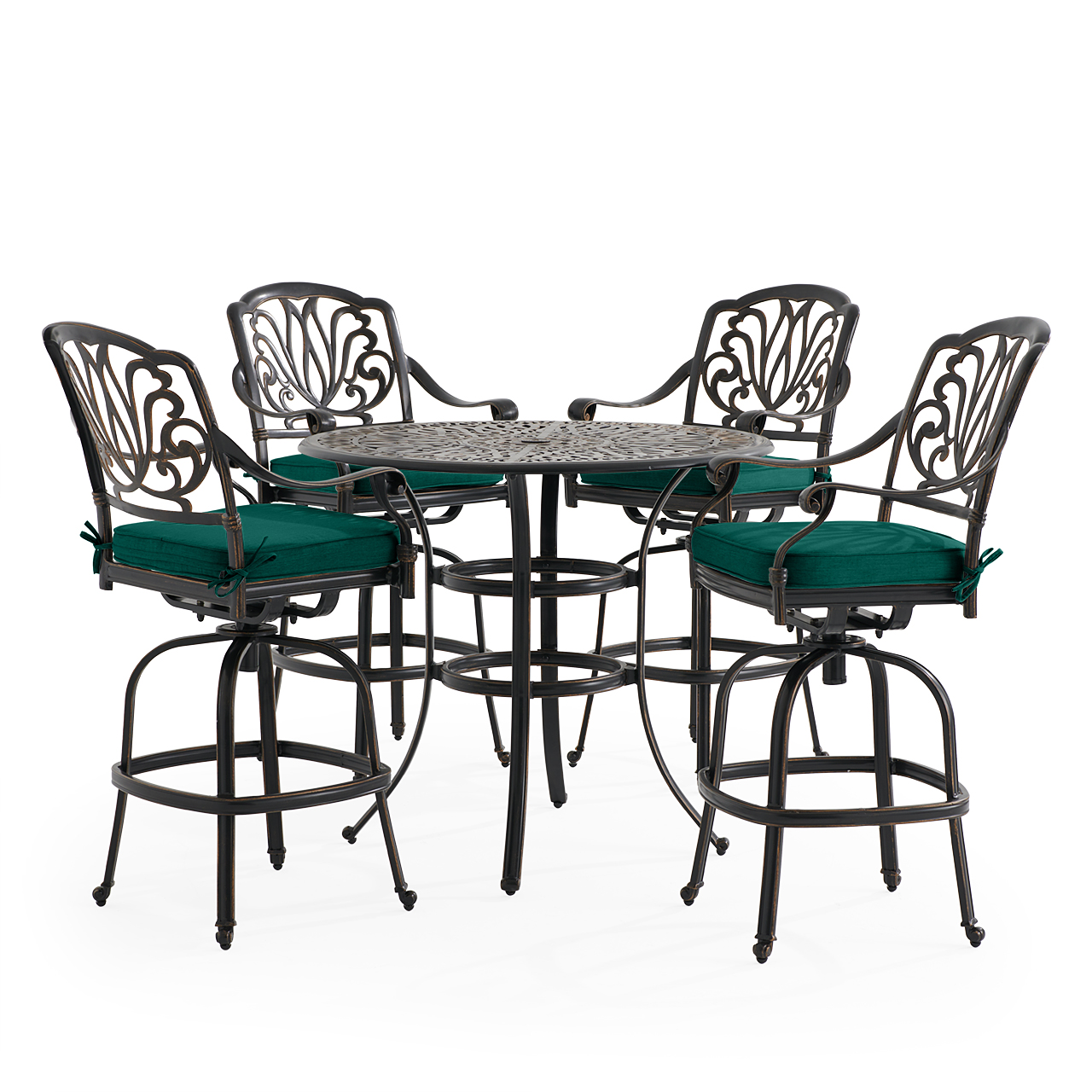 Roma Black Gold Cast Aluminum with Cushions 5 Piece Bar Set + 42 in. D Table (Canvas Forest Green)