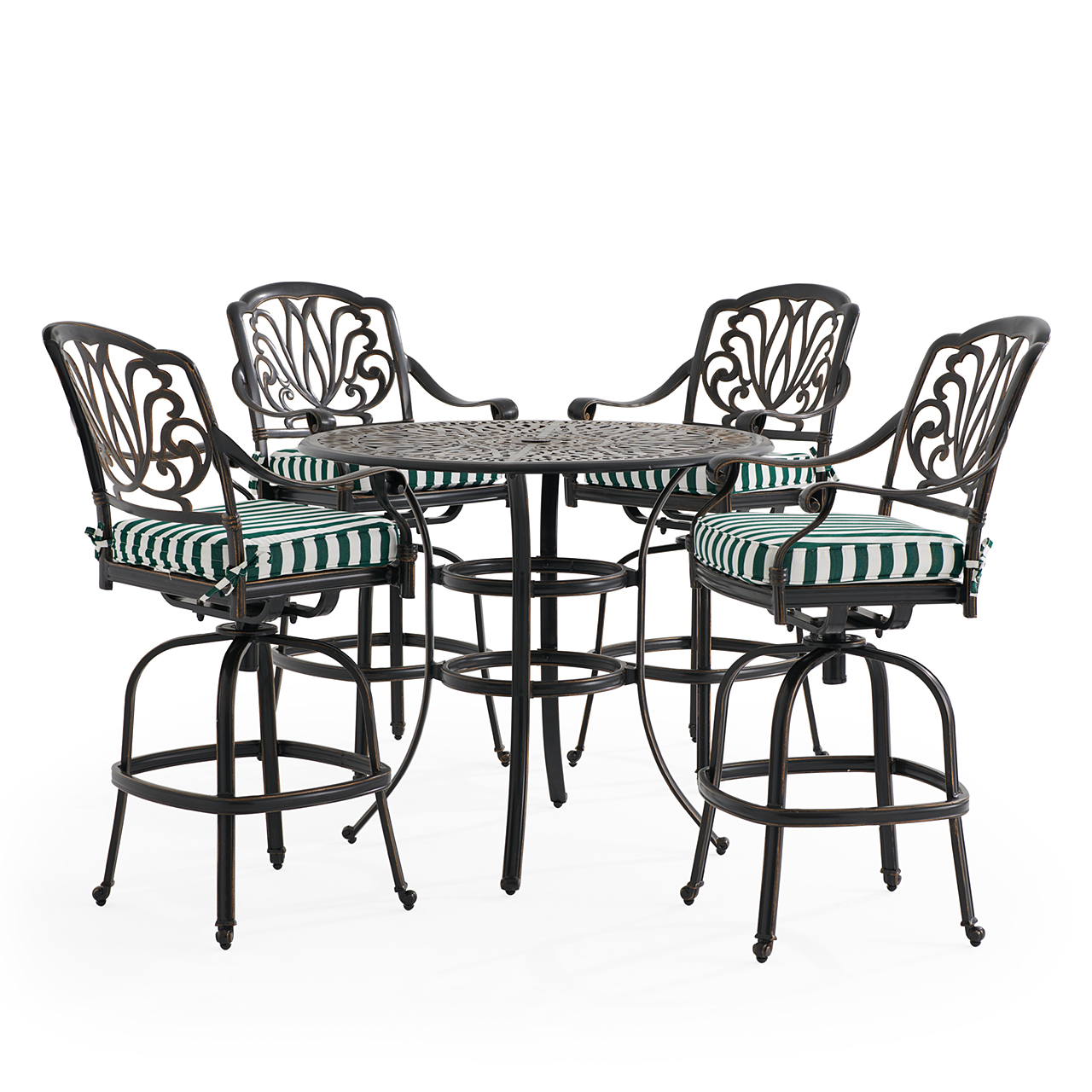 Roma Black Gold Cast Aluminum with Cushions 5 Piece Bar Set + 42 in. D Table (Mason Forest Green)