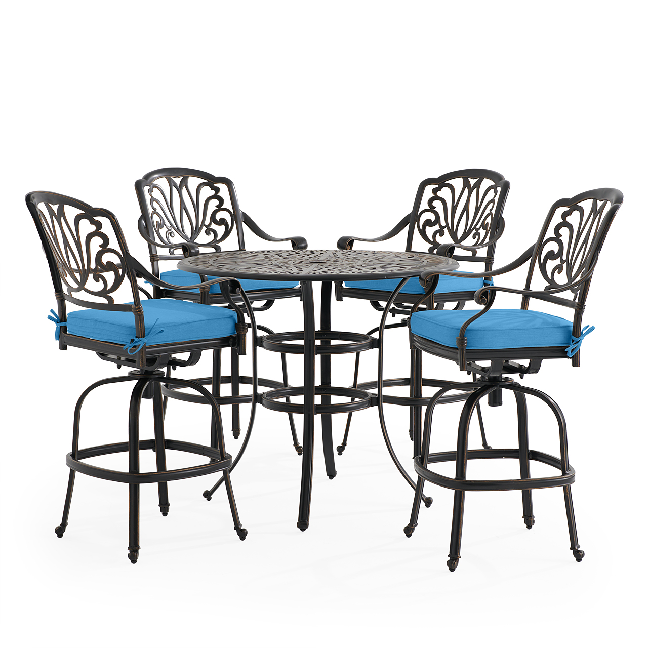 Roma Black Gold Cast Aluminum with Cushions 5 Piece Bar Set + 42 in. D Table (Canvas Regatta)