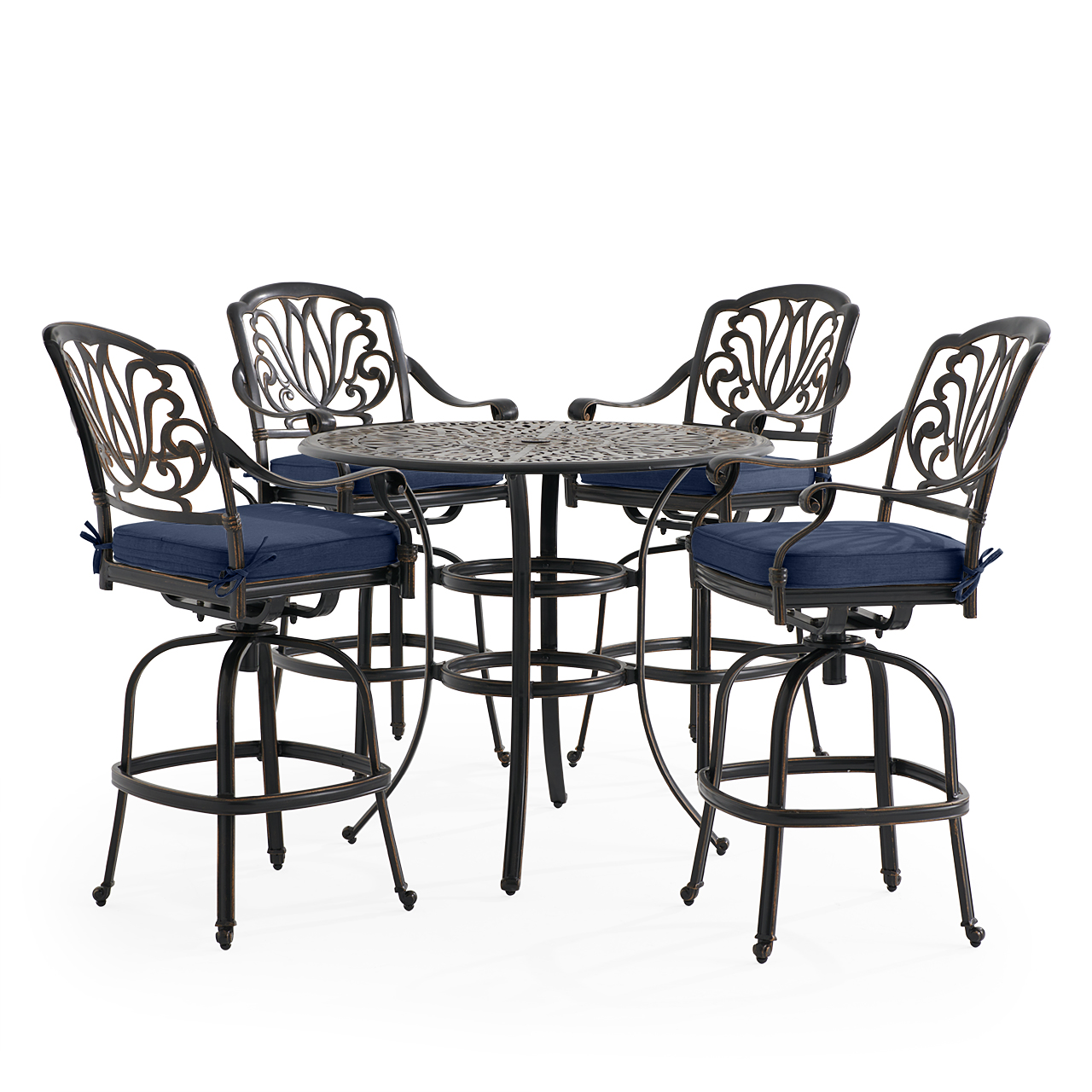 Roma Black Gold Cast Aluminum with Cushions 5 Piece Bar Set + 42 in. D Table (Spectrum Indigo)