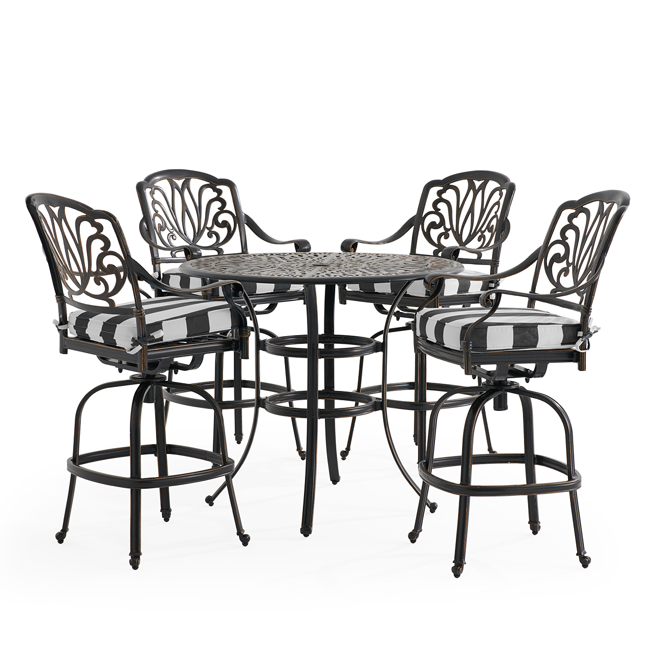 Roma Black Gold Cast Aluminum with Cushions 5 Piece Bar Set + 42 in. D Table (Cabana Classic)