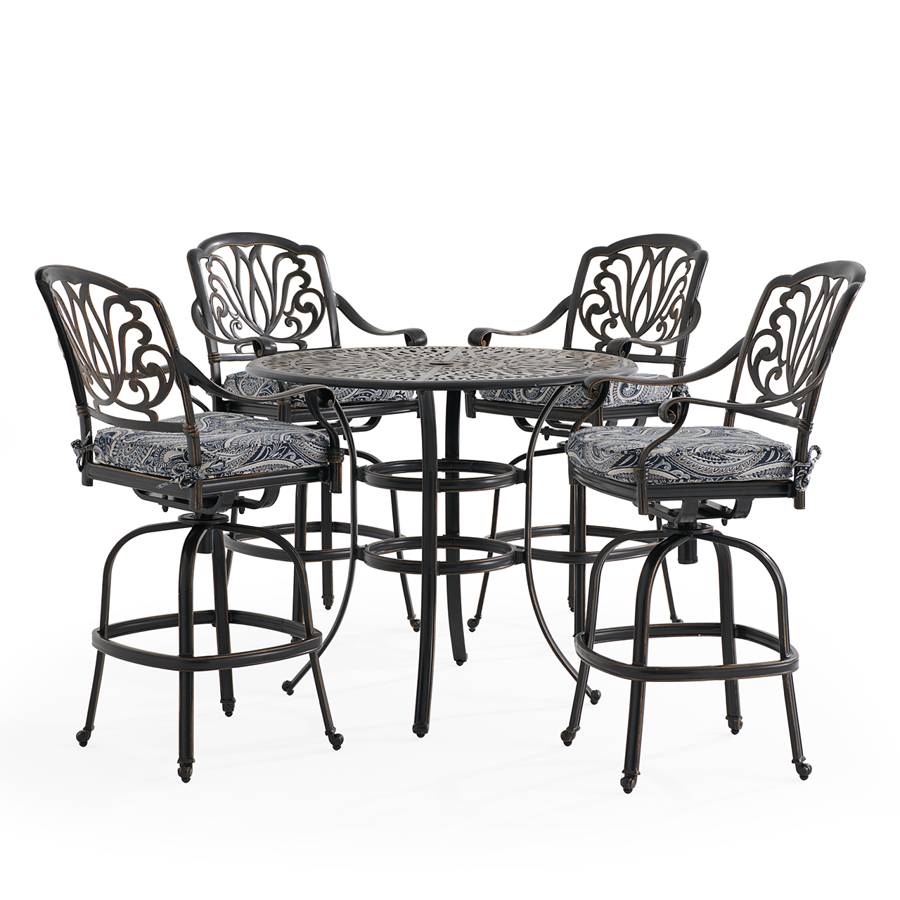 Roma Black Gold Cast Aluminum with Cushions 5 Piece Bar Set + 42 in. D Table (Royce Indigo)
