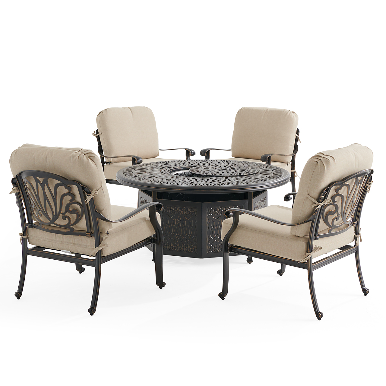 Roma Black Gold Cast Aluminum with Cushions 5 Piece Chat Set + 52 in. D Gas Fire Pit (Beige)