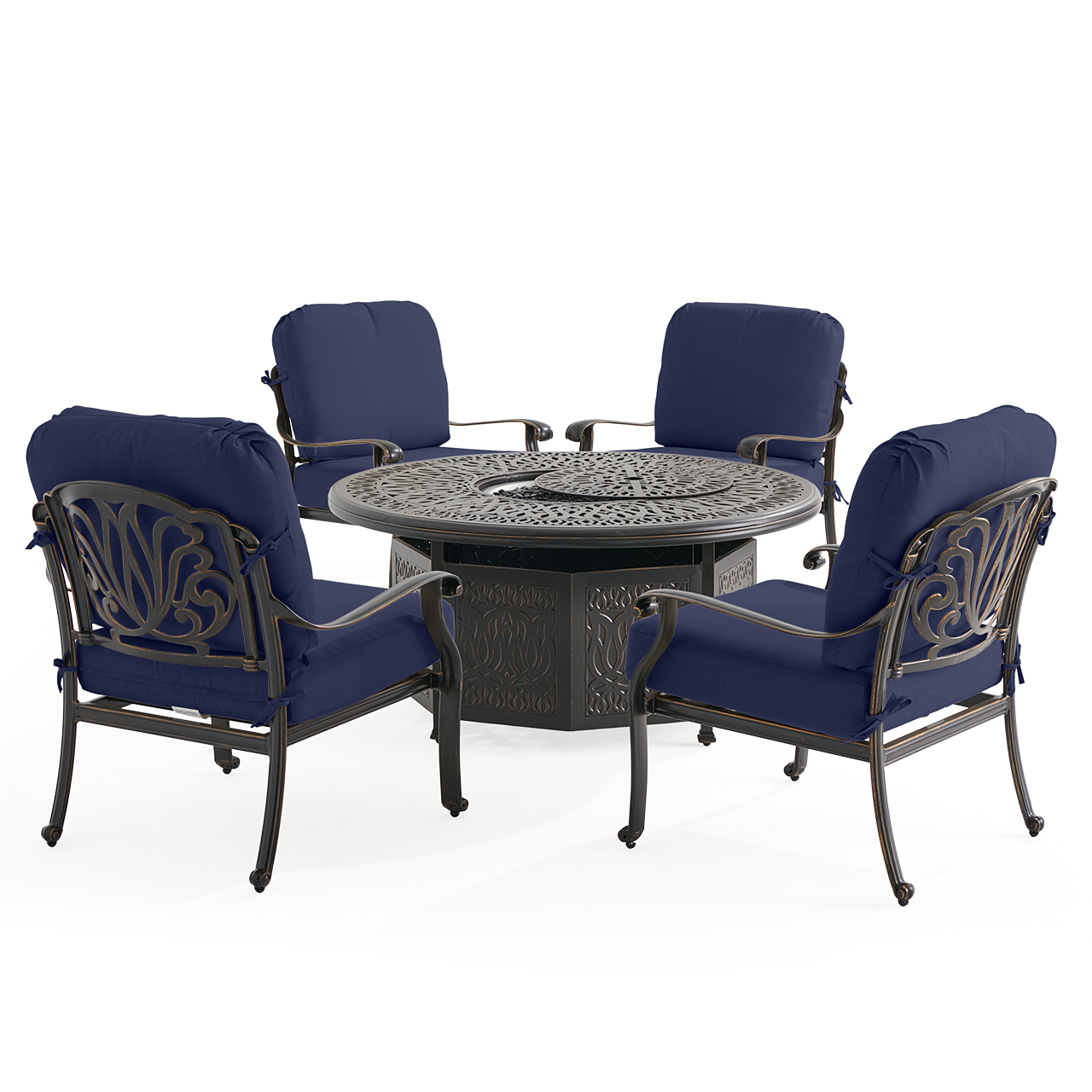 Roma Black Gold Cast Aluminum with Cushions 5 Piece Chat Set + 52 in. D Gas Fire Pit (Navy)