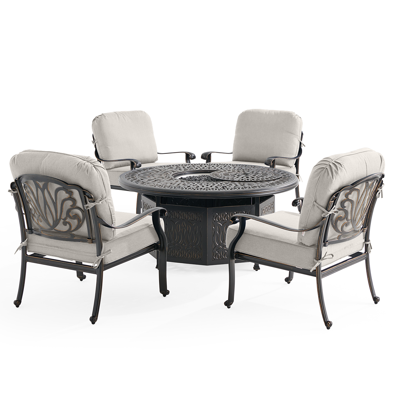 Roma Black Gold Cast Aluminum with Cushions 5 Piece Chat Set + 52 in. D Gas Fire Pit (Mist)