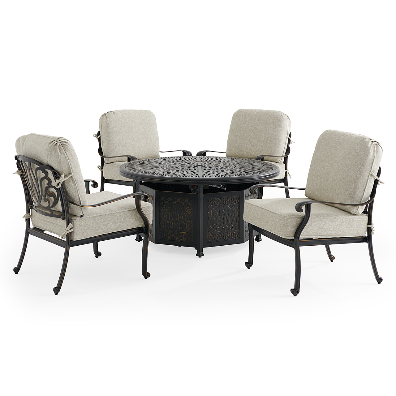 Roma Black Gold Cast Aluminum with Cushions 5 Piece Chat Set + 52 in. D Gas Fire Pit (Melange Ash)