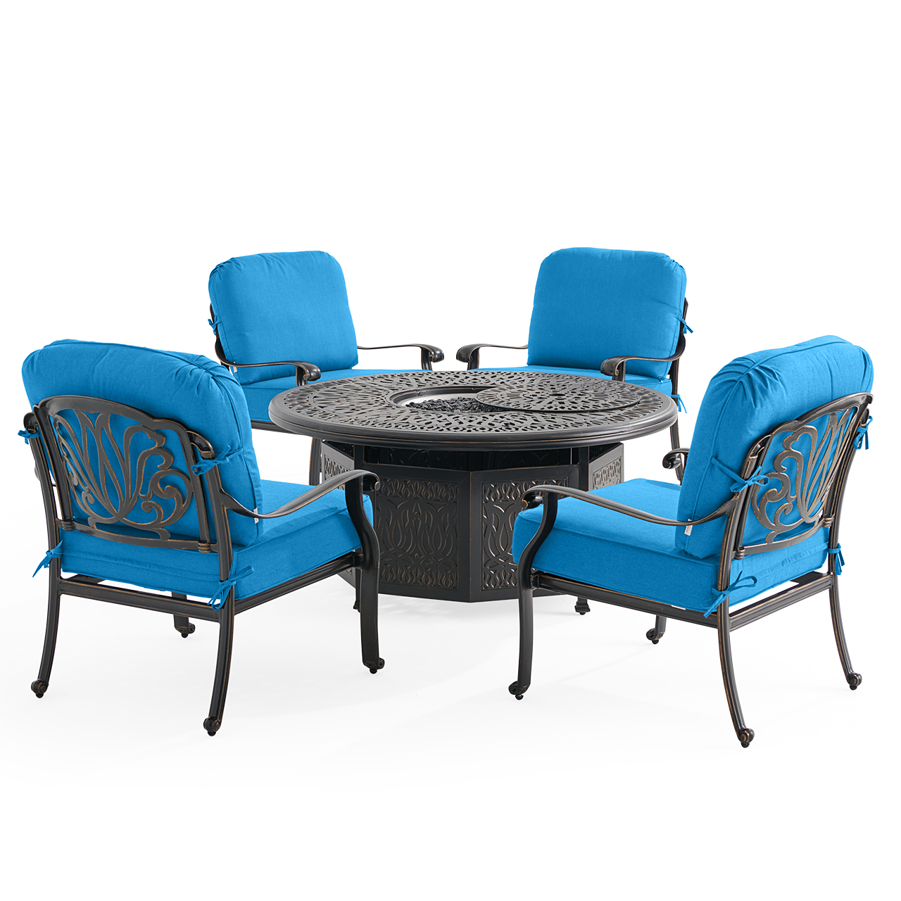 Roma Black Gold Cast Aluminum with Cushions 5 Piece Chat Set + 52 in. D Gas Fire Pit (Canvas Regatta)