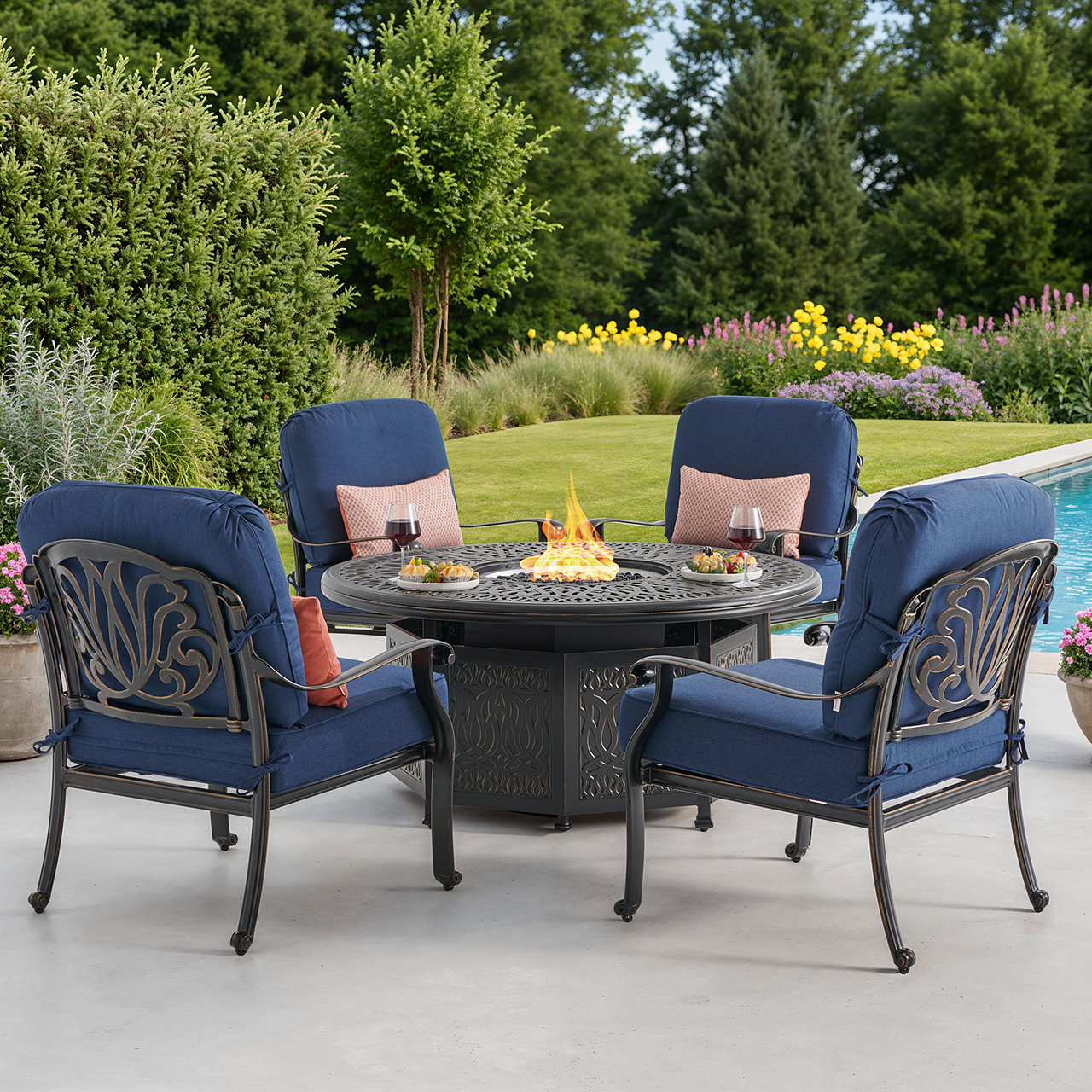 Roma Black Gold Cast Aluminum with Cushions 5 Piece Chat Set + 52 in. D Gas Fire Pit (Spectrum Indigo)