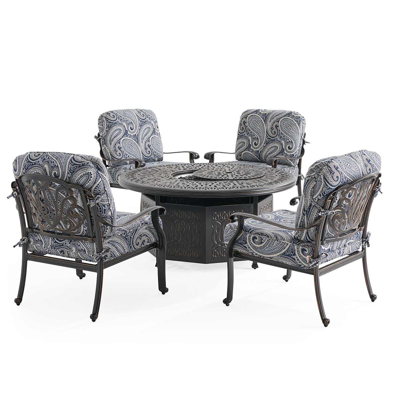 Roma Black Gold Cast Aluminum with Cushions 5 Piece Chat Set + 52 in. D Gas Fire Pit (Royce Indigo)