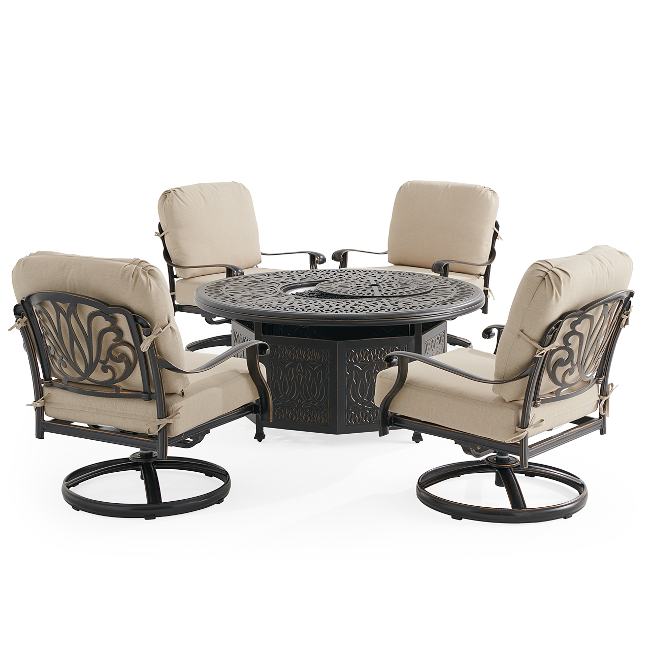 Roma Black Gold Cast Aluminum with Cushions 5 Piece Swivel Chat Set + 52 in. D Gas Fire Pit (Beige)