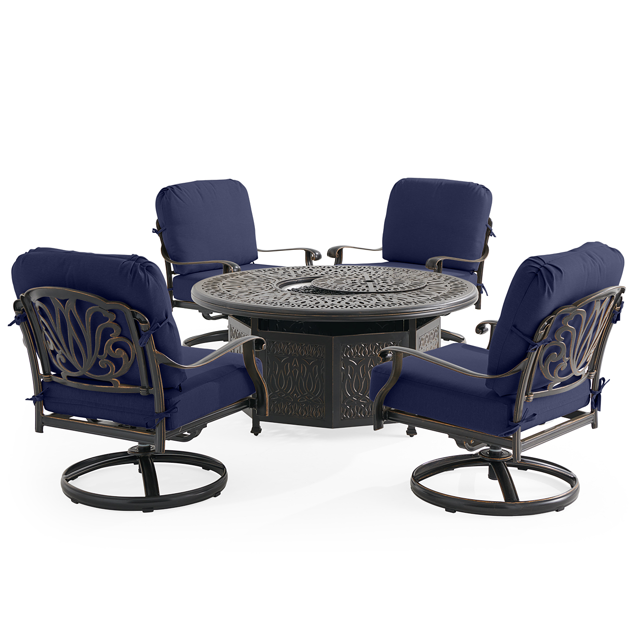 Roma Black Gold Cast Aluminum with Cushions 5 Piece Swivel Chat Set + 52 in. D Gas Fire Pit (Navy)