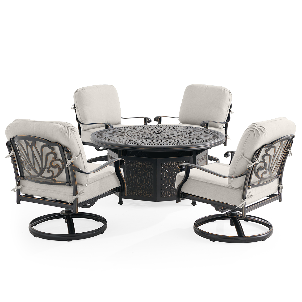 Roma Black Gold Cast Aluminum with Cushions 5 Piece Swivel Chat Set + 52 in. D Gas Fire Pit (Mist)