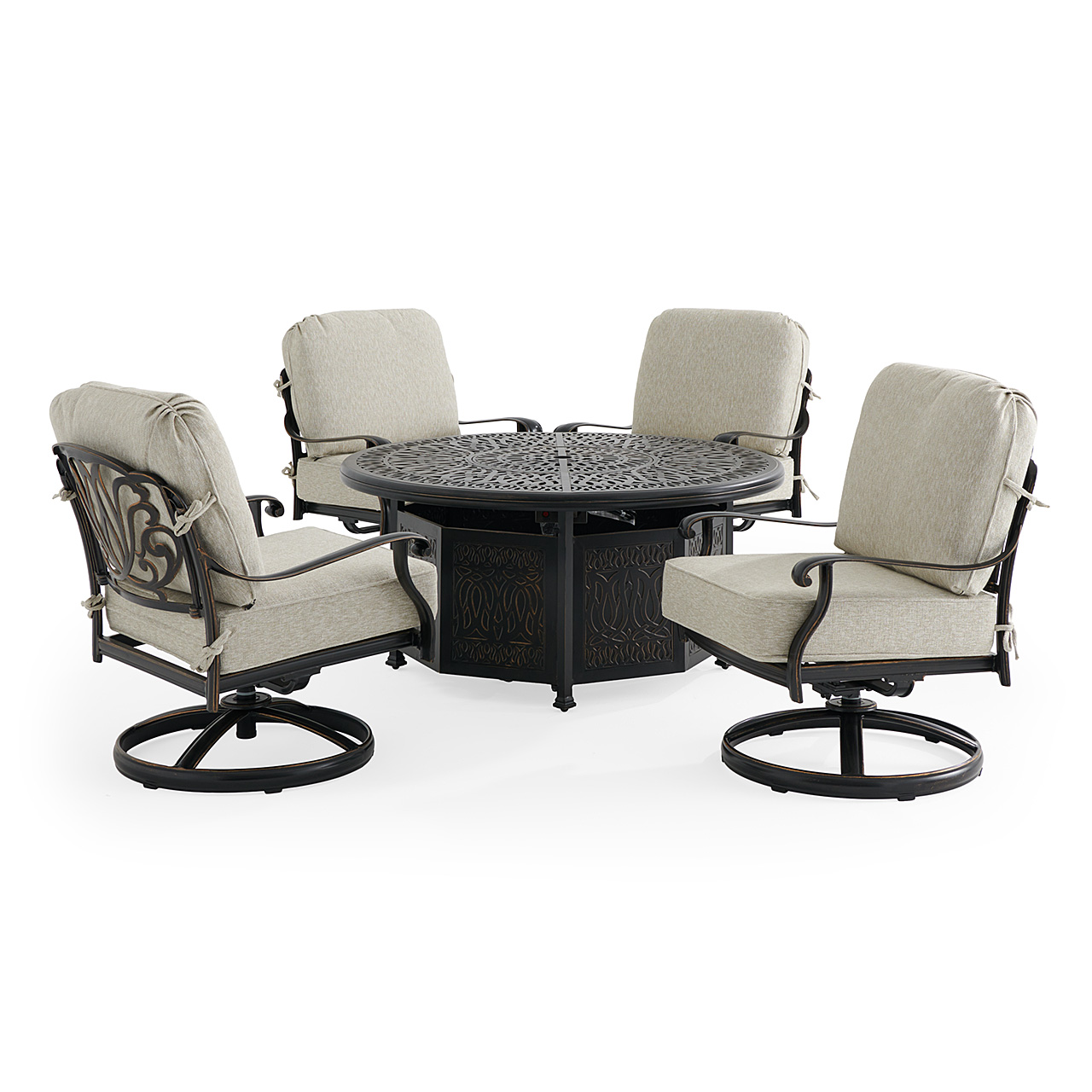 Roma Black Gold Cast Aluminum with Cushions 5 Piece Swivel Chat Set + 52 in. D Gas Fire Pit (Melange Ash)