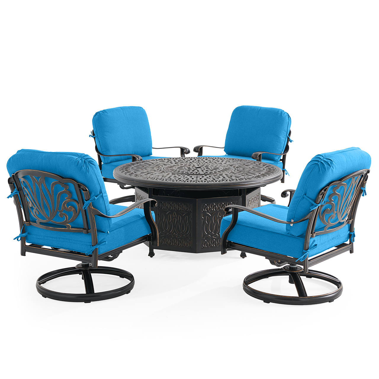 Roma Black Gold Cast Aluminum with Cushions 5 Piece Swivel Chat Set + 52 in. D Gas Fire Pit (Canvas Regatta)