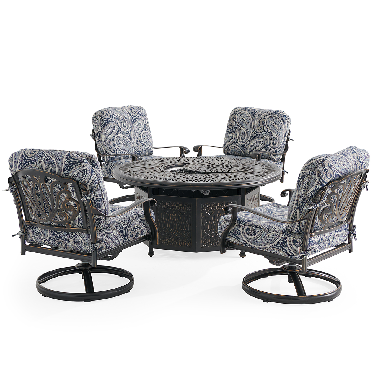 Roma Black Gold Cast Aluminum with Cushions 5 Piece Swivel Chat Set + 52 in. D Gas Fire Pit (Royce Indigo)