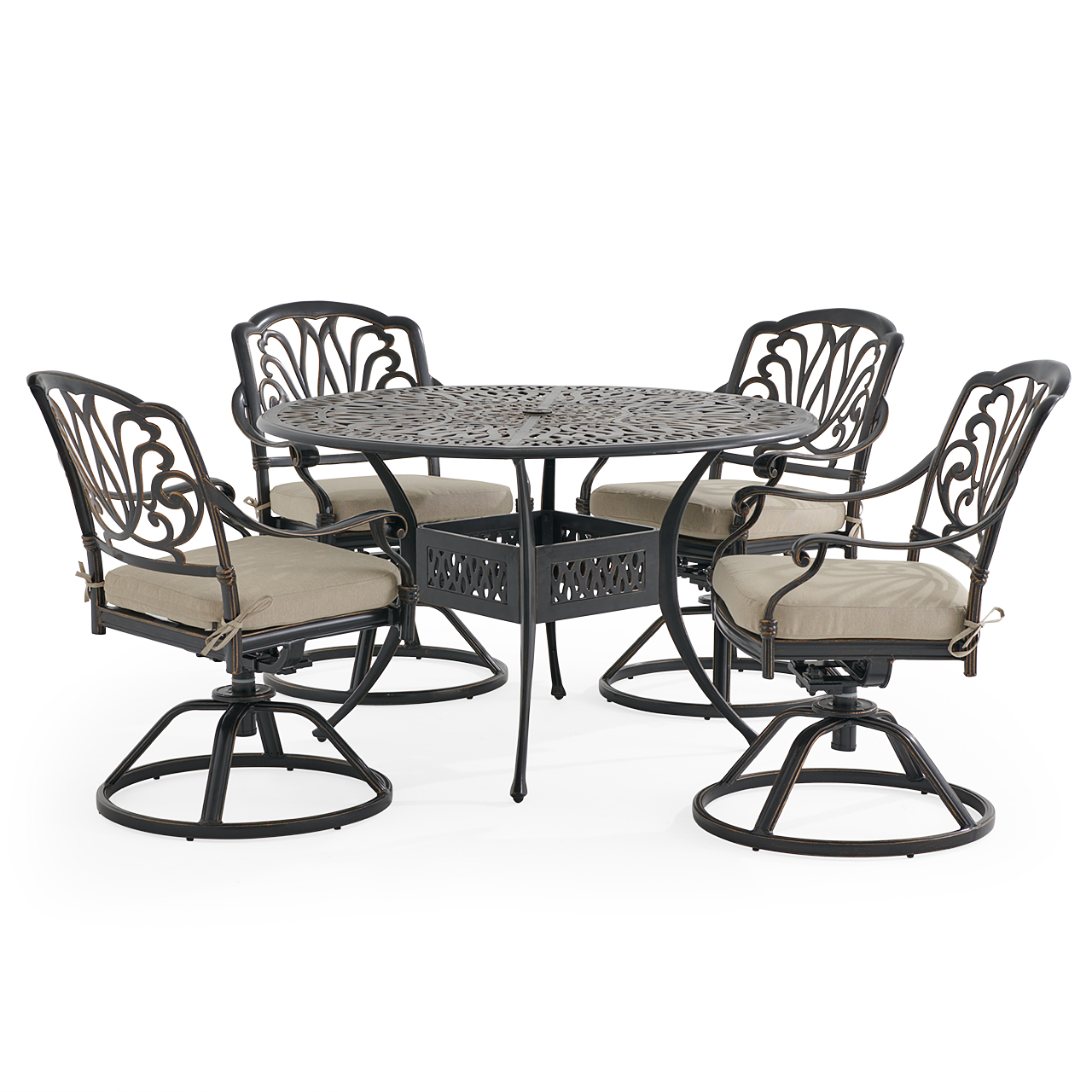 Roma Black Gold Cast Aluminum with Cushions 5 Piece Swivel Dining Set + 48 in. D Table (Tempo Beige)
