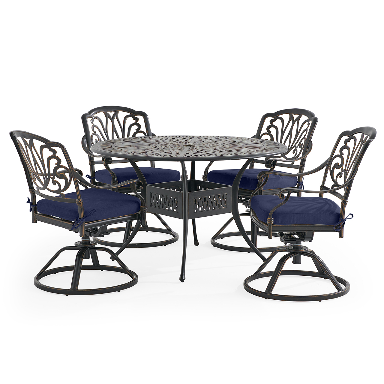 Roma Black Gold Cast Aluminum with Cushions 5 Piece Swivel Dining Set + 48 in. D Table (Tempo Navy)