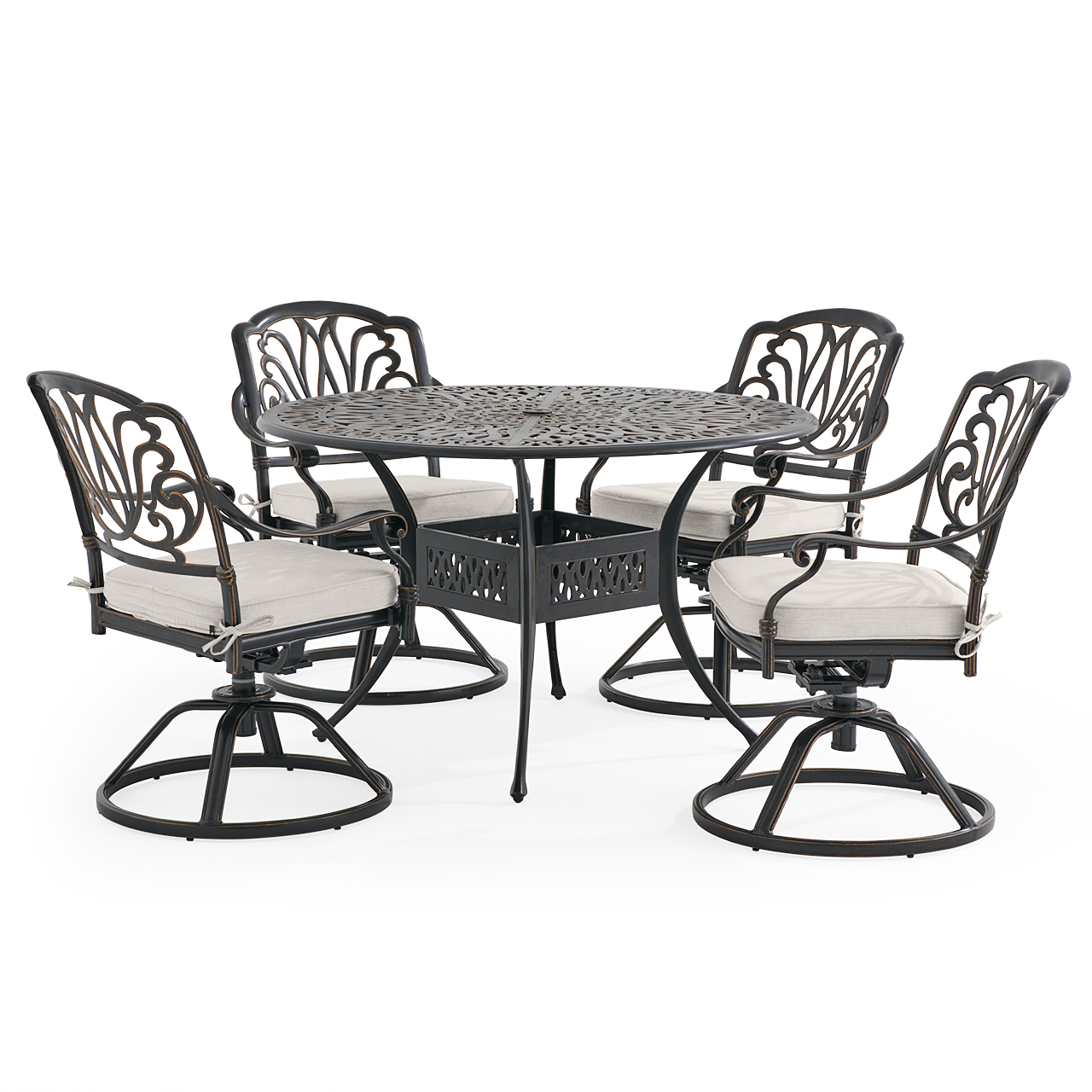 Roma Black Gold Cast Aluminum with Cushions 5 Piece Swivel Dining Set + 48 in. D Table (Mist)