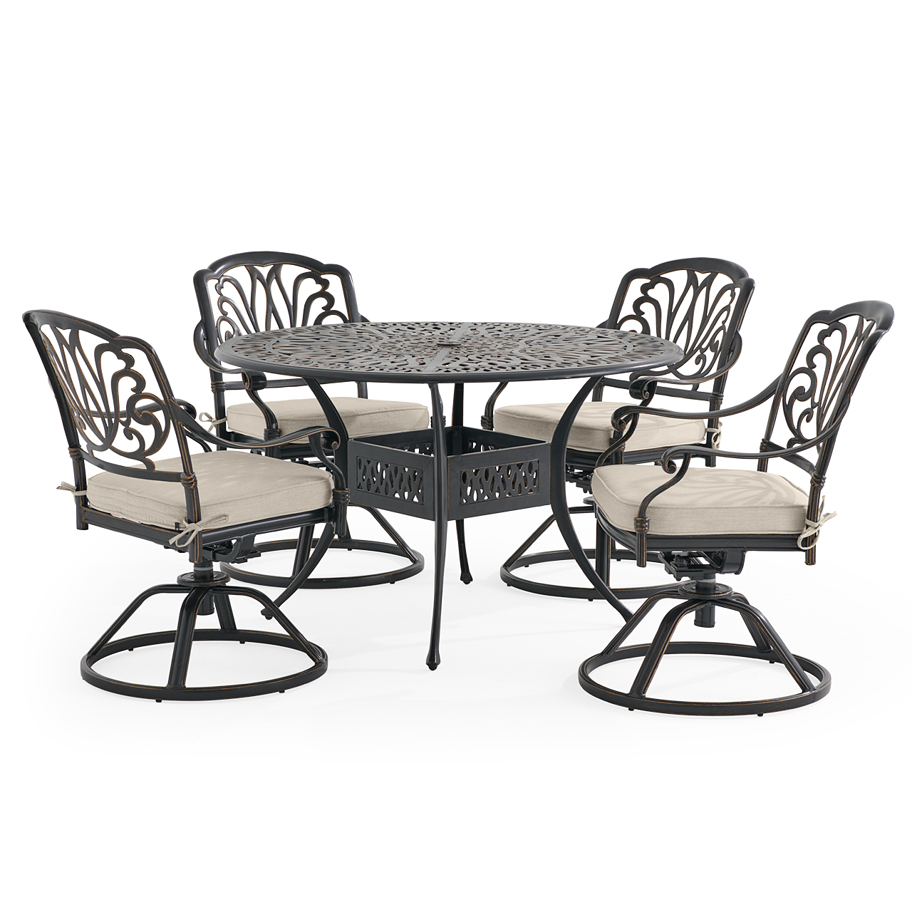 Roma Black Gold Cast Aluminum with Cushions 5 Piece Swivel Dining Set + 48 in. D Table (Melange Ash)