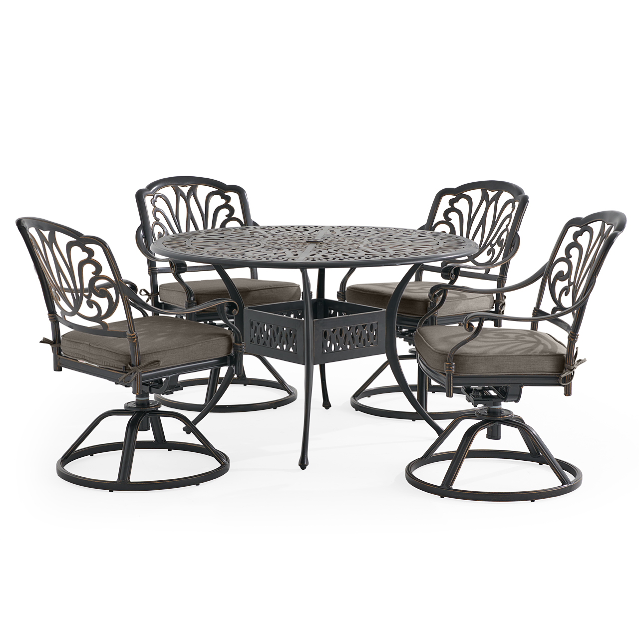 Roma Black Gold Cast Aluminum with Cushions 5 Piece Swivel Dining Set + 48 in. D Table (Linen Graphite)