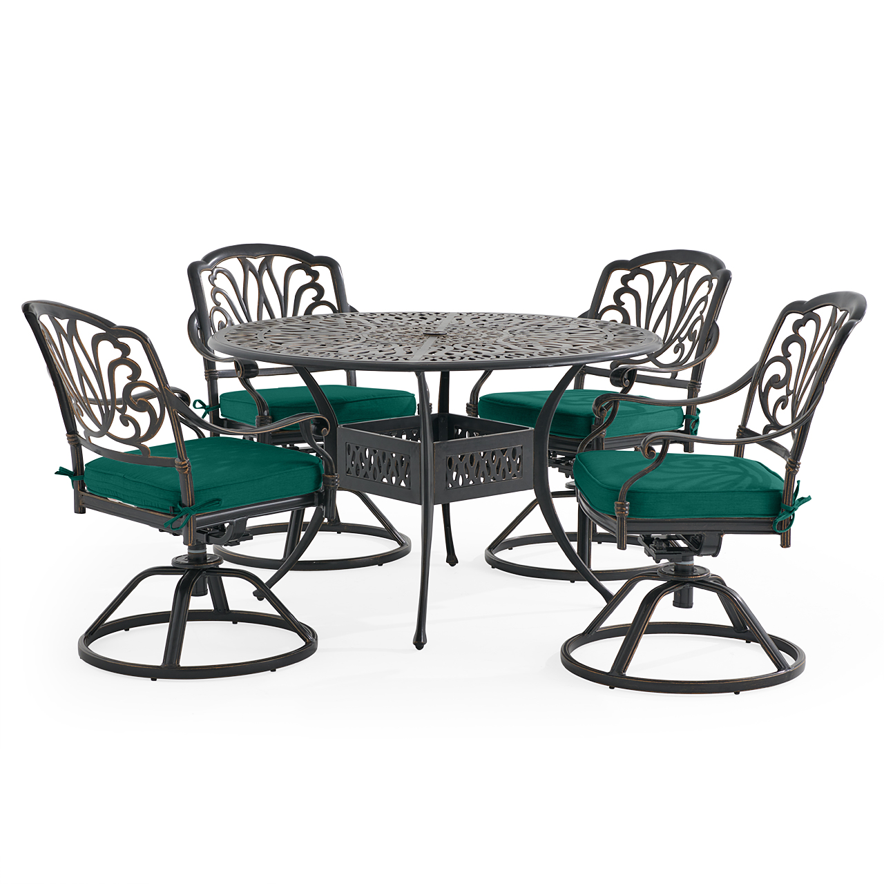 Roma Black Gold Cast Aluminum with Cushions 5 Piece Swivel Dining Set + 48 in. D Table (Canvas Forest Green)