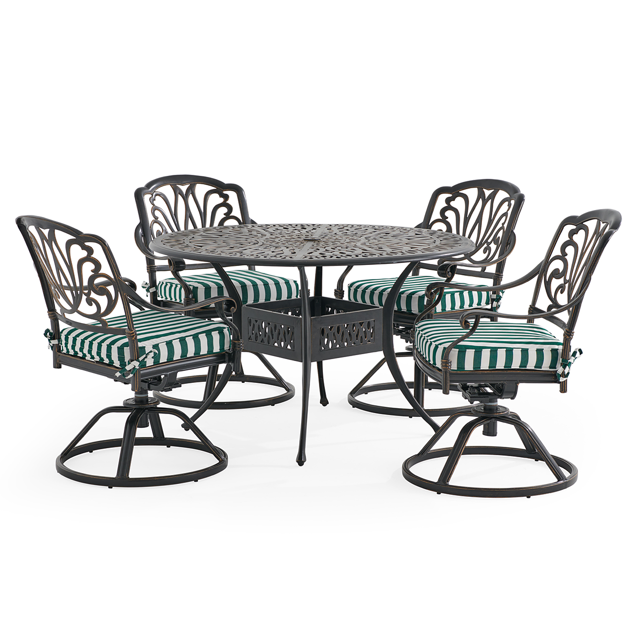Roma Black Gold Cast Aluminum with Cushions 5 Piece Swivel Dining Set + 48 in. D Table (Mason Forest Green)