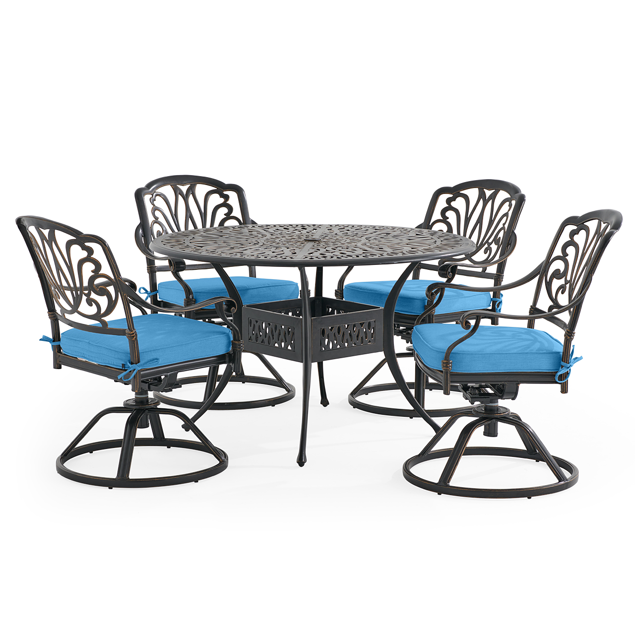 Roma Black Gold Cast Aluminum with Cushions 5 Piece Swivel Dining Set + 48 in. D Table (Canvas Regatta)