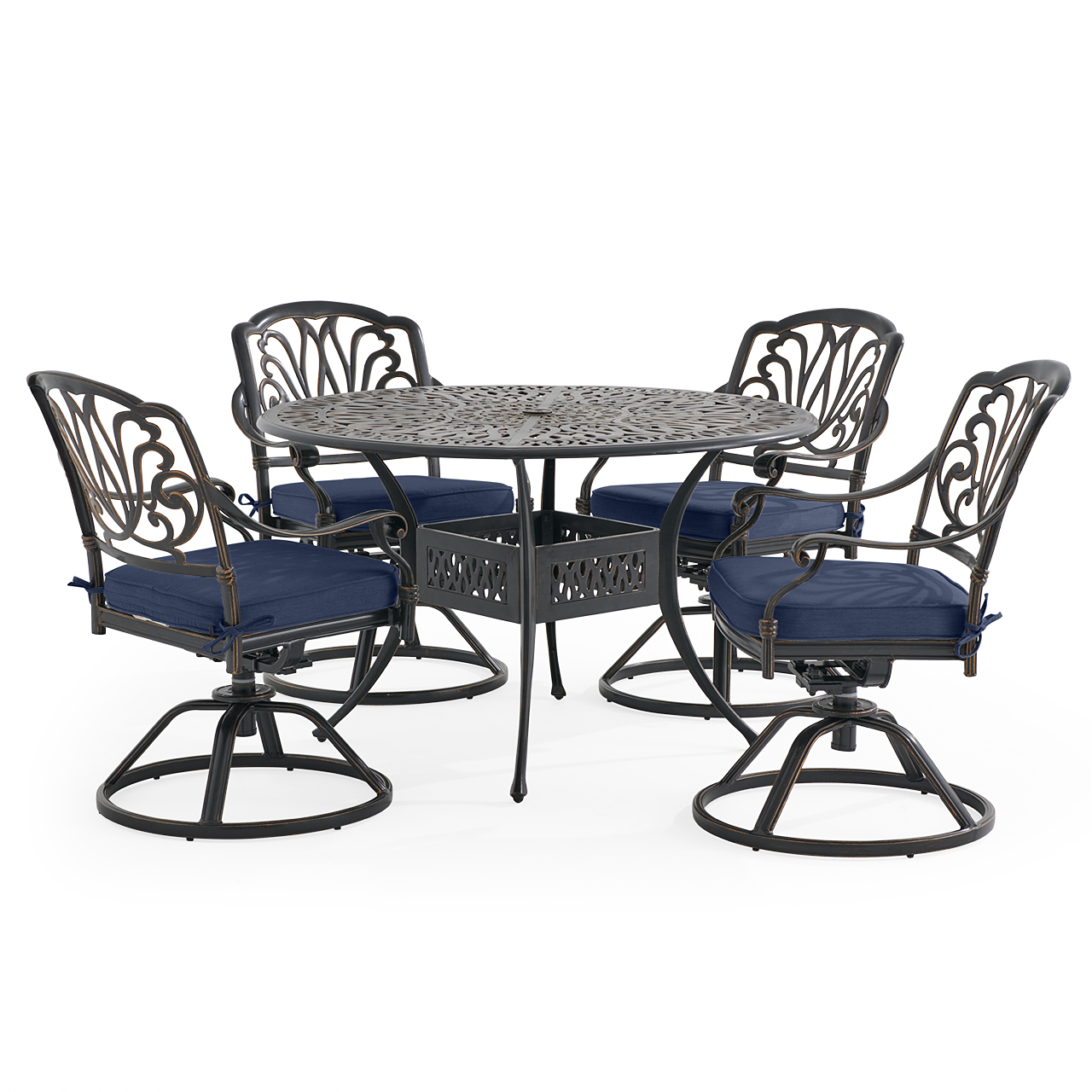 Roma Black Gold Cast Aluminum with Cushions 5 Piece Swivel Dining Set + 48 in. D Table (Spectrum Indigo)