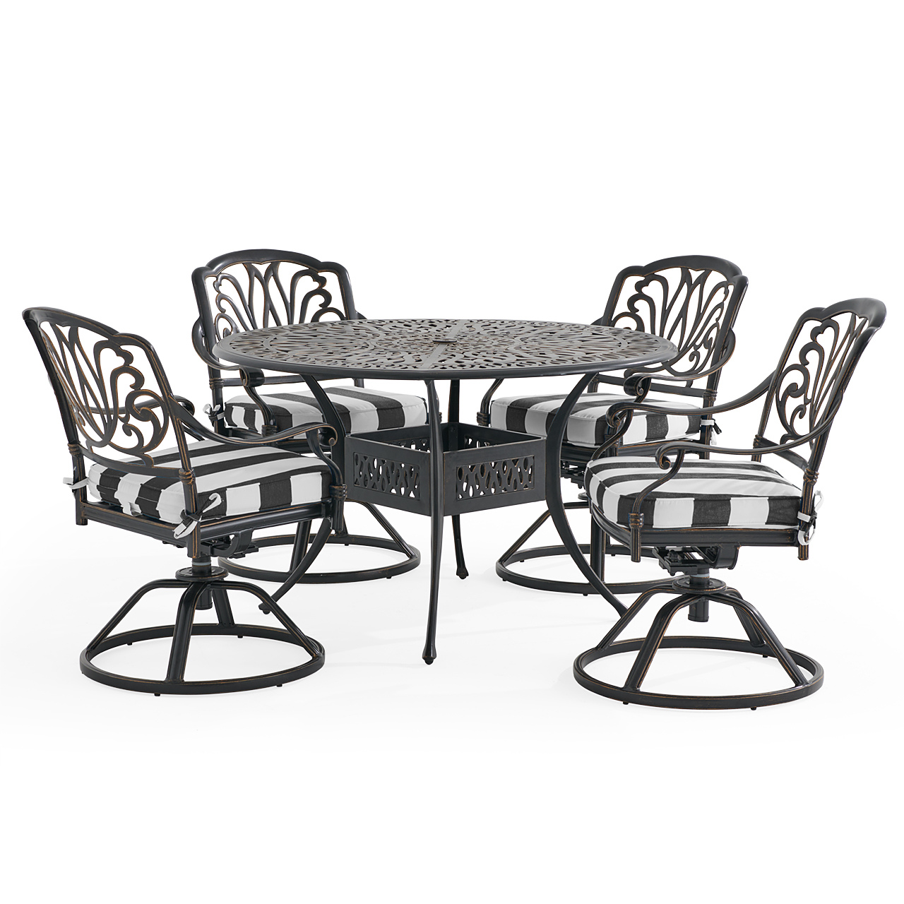 Roma Black Gold Cast Aluminum with Cushions 5 Piece Swivel Dining Set + 48 in. D Table (Cabana Classic)