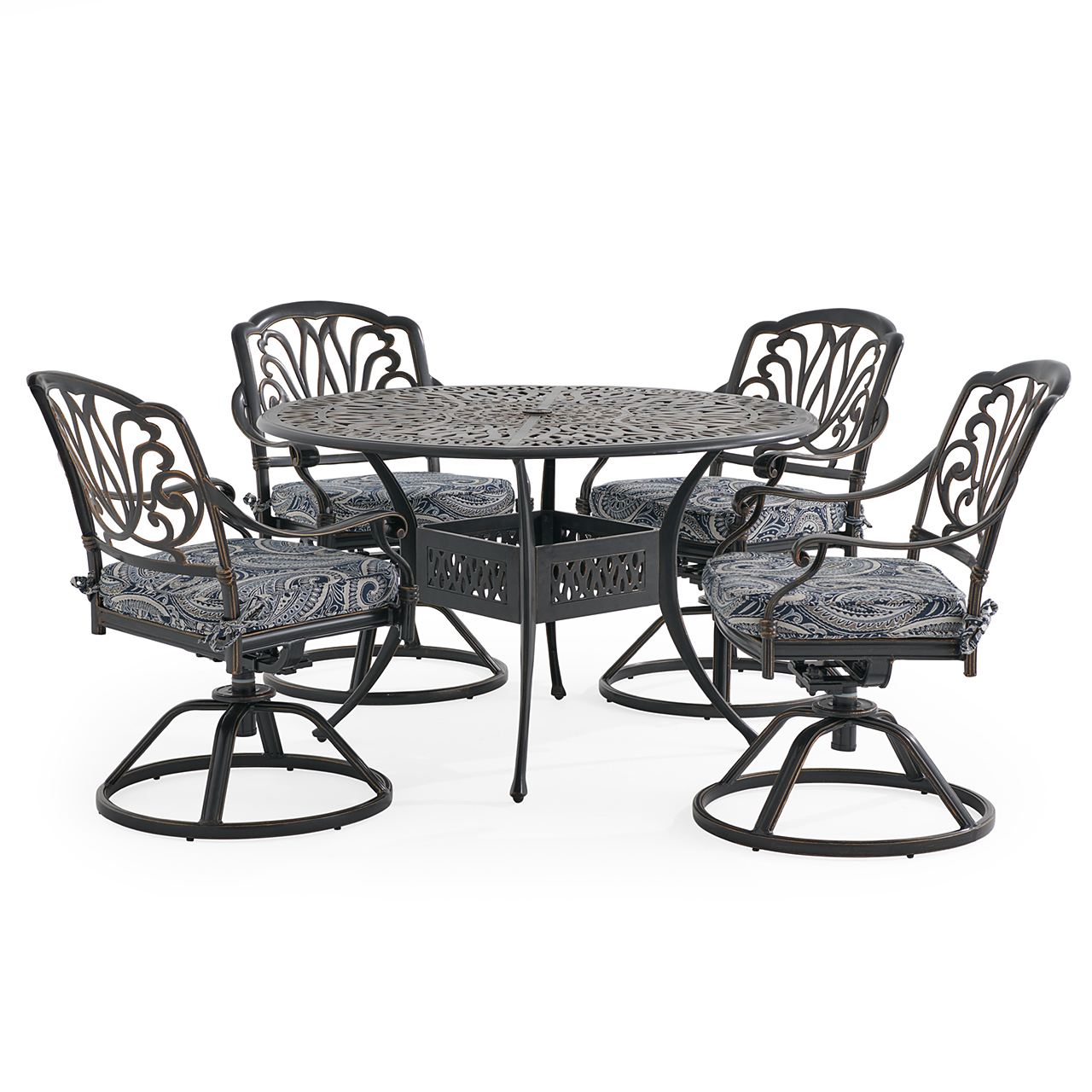Roma Black Gold Cast Aluminum with Cushions 5 Piece Swivel Dining Set + 48 in. D Table (Royce Indigo)