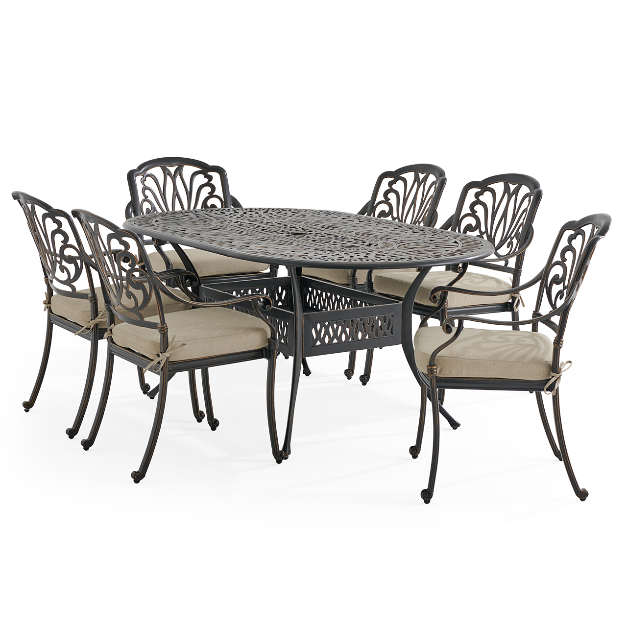 Roma Black Gold Cast Aluminum with Cushions 7 Piece Dining Set + 72 x 42 in. Table (Tempo Beige)
