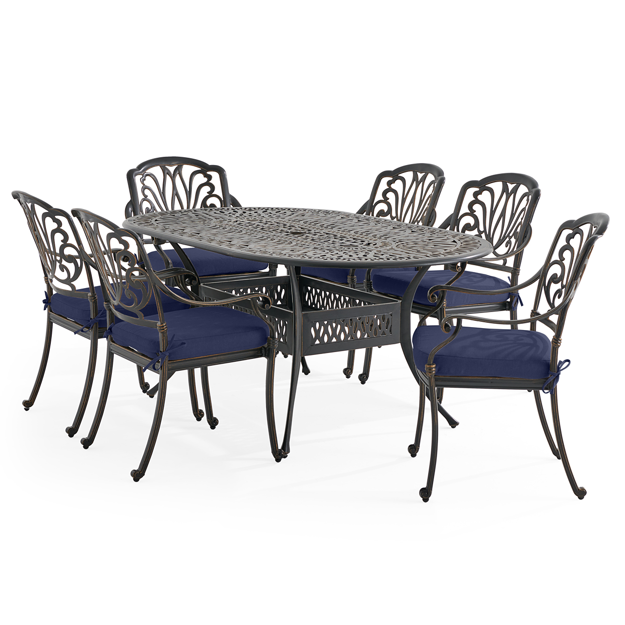 Roma Black Gold Cast Aluminum with Cushions 7 Piece Dining Set + 72 x 42 in. Table (Tempo Navy)