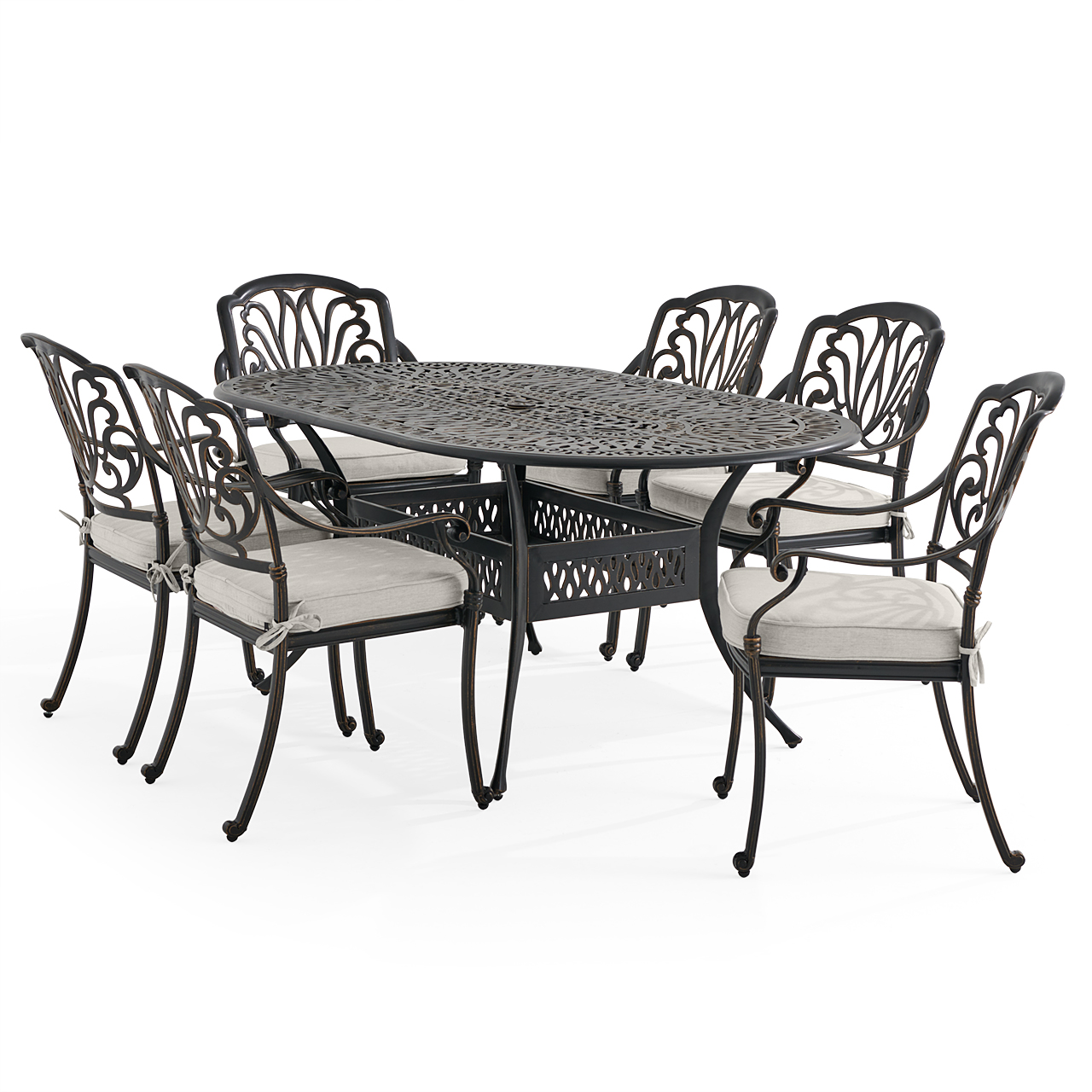 Roma Black Gold Cast Aluminum with Cushions 7 Piece Dining Set + 72 x 42 in. Table (Mist)