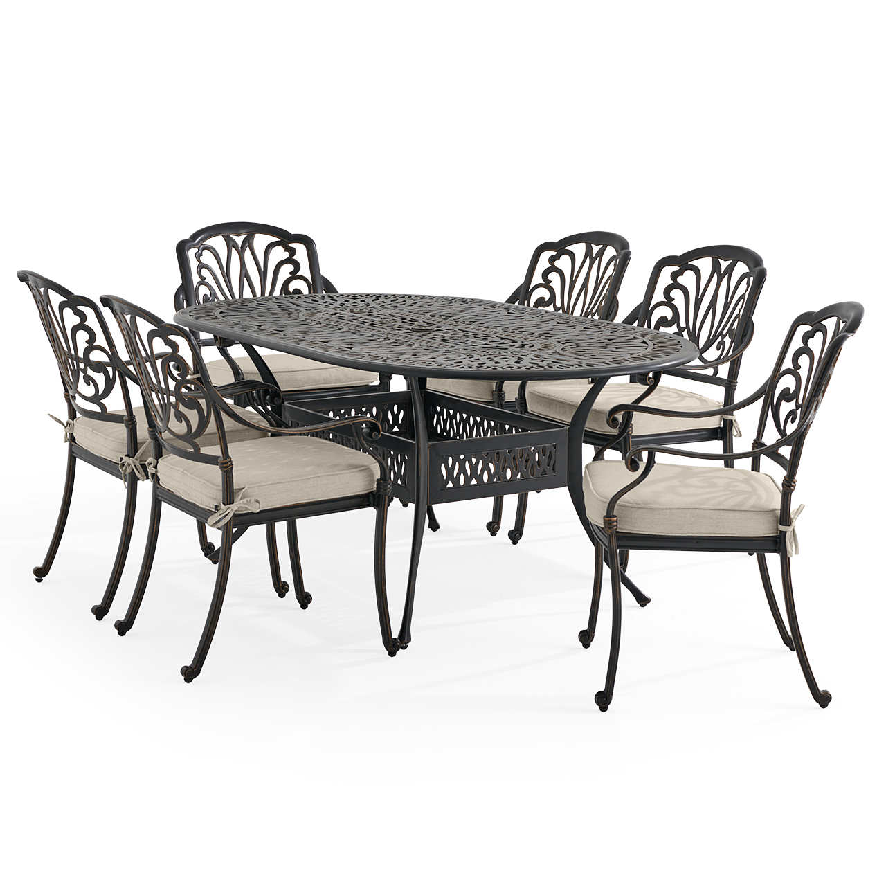 Roma Black Gold Cast Aluminum with Cushions 7 Piece Dining Set + 72 x 42 in. Table (Melange Ash)