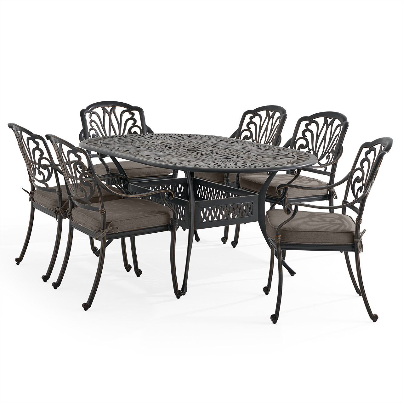 Roma Black Gold Cast Aluminum with Cushions 7 Piece Dining Set + 72 x 42 in. Table (Linen Graphite)