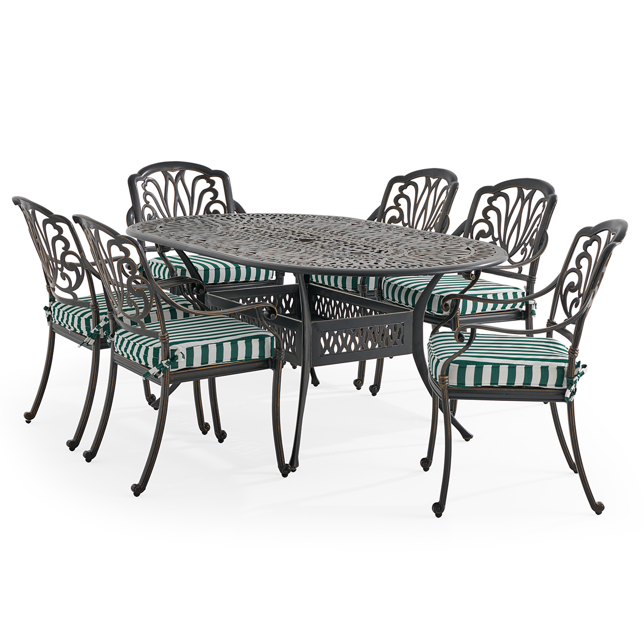 Roma Black Gold Cast Aluminum with Cushions 7 Piece Dining Set + 72 x 42 in. Table (Mason Forest Green)