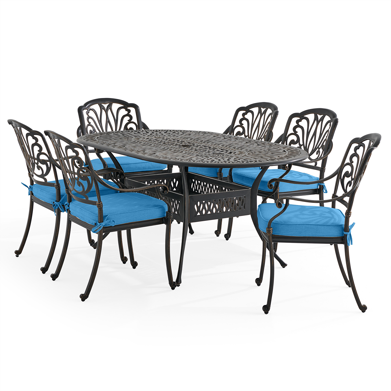 Roma Black Gold Cast Aluminum with Cushions 7 Piece Dining Set + 72 x 42 in. Table (Canvas Regatta)