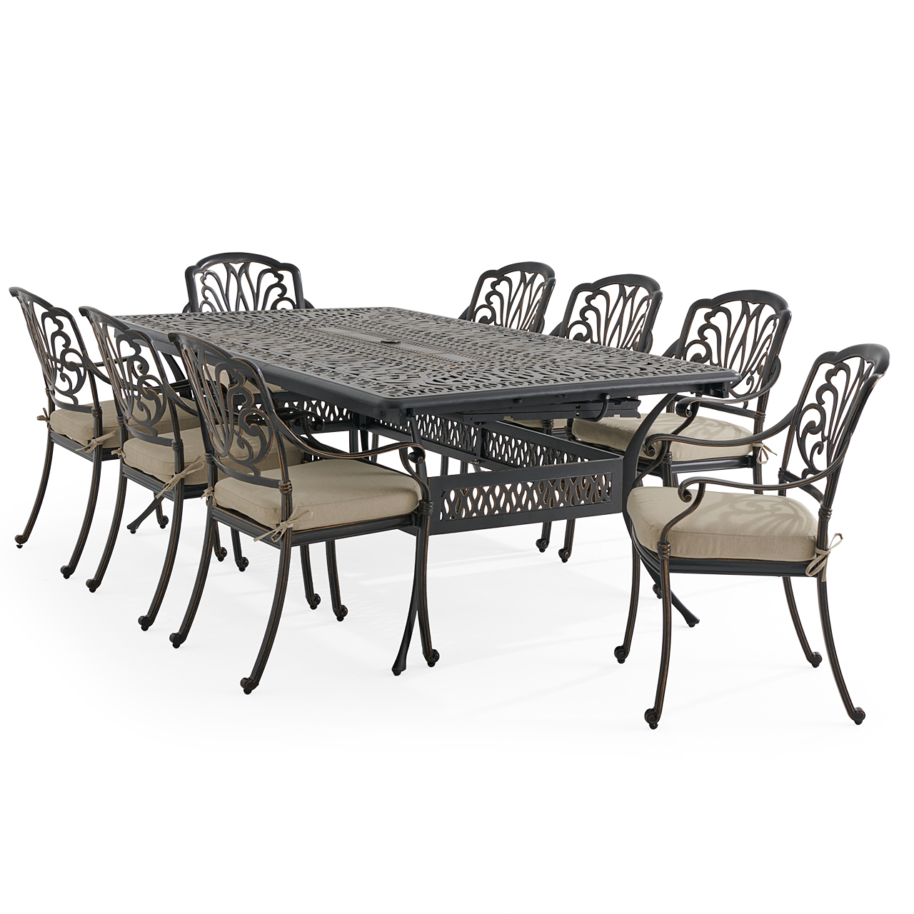 Roma Black Gold Cast Aluminum with Cushions 9 Piece Dining Set + 84-132 x 48 in. Double Extension Table (Tempo Beige)
