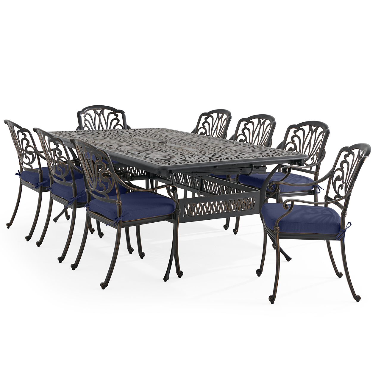 Roma Black Gold Cast Aluminum with Cushions 9 Piece Dining Set + 84-132 x 48 in. Double Extension Table (Tempo Navy)