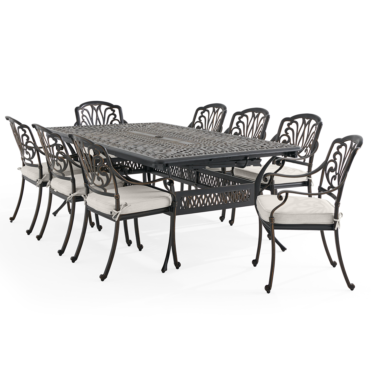 Roma Black Gold Cast Aluminum with Cushions 9 Piece Dining Set + 84-132 x 48 in. Double Extension Table (Mist)