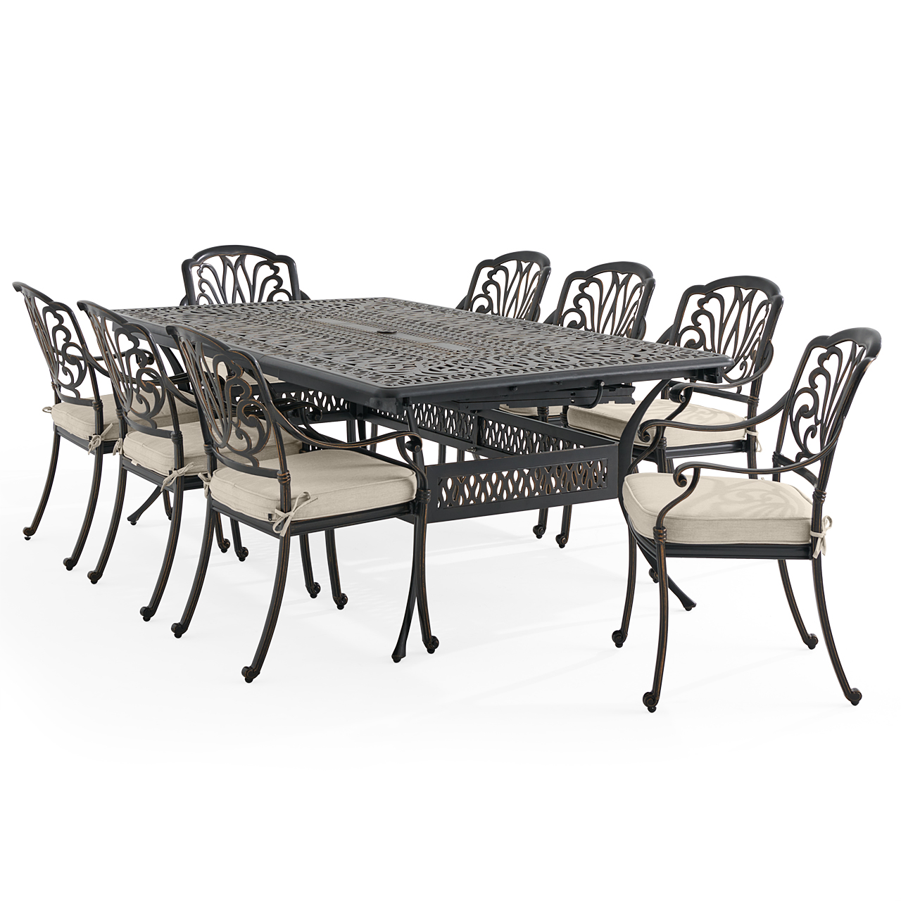 Roma Black Gold Cast Aluminum with Cushions 9 Piece Dining Set + 84-132 x 48 in. Double Extension Table (Melange Ash)