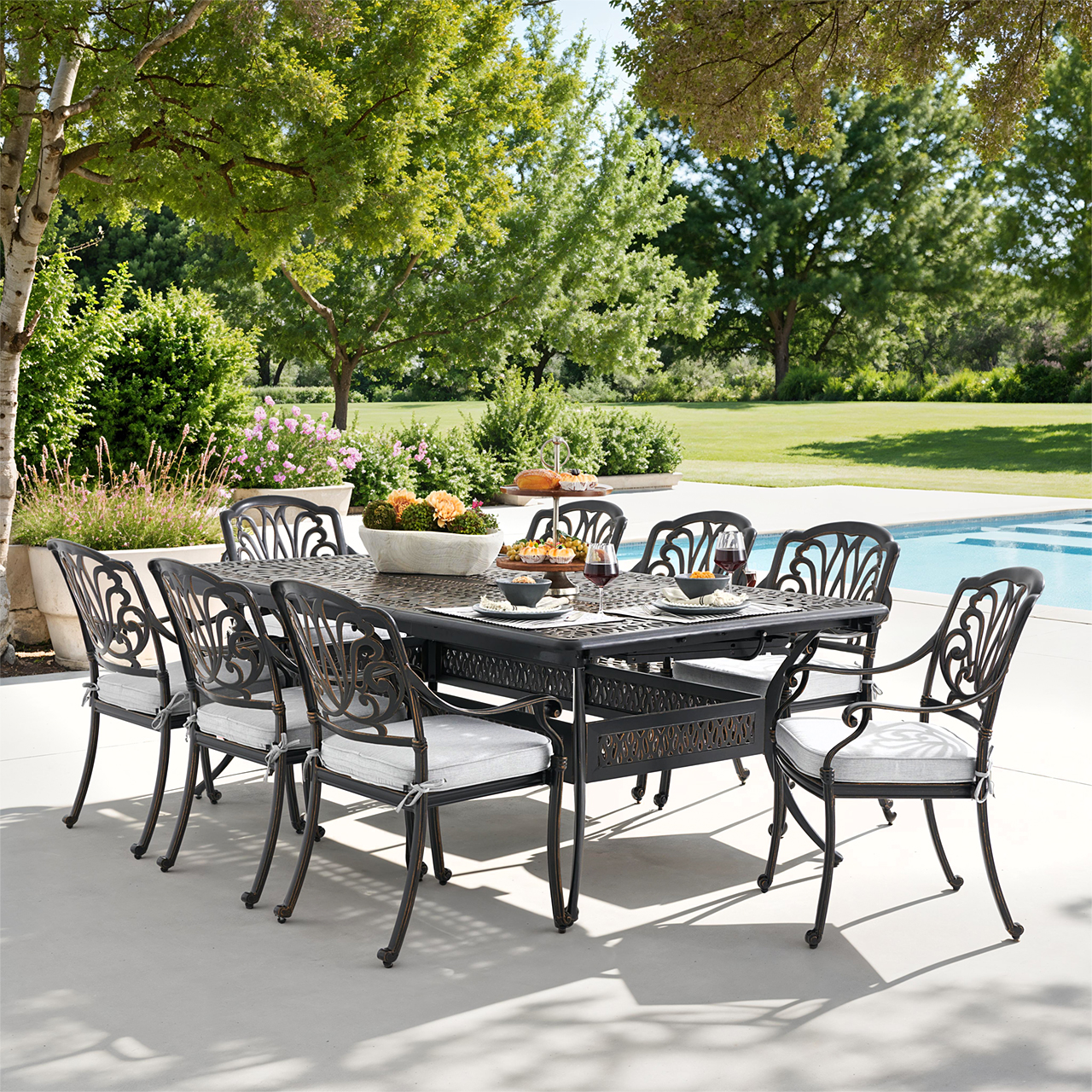 Roma Black Gold Cast Aluminum with Cushions 9 Piece Dining Set + 84-132 x 48 in. Double Extension Table (Canvas Granite)